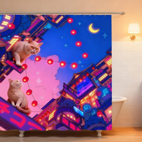 Vista 8 de Neon City - Cortina de ducha de gatos con linternas, poliéster impermeable, decoración Cyberpunk para niños y adultos, se adapta a bañera, ducha