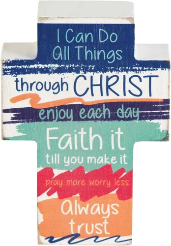 Vista 2 de Dicksons Cruz de mesa de madera colorida de 4 pulgadas Can Do All Things Through Christ