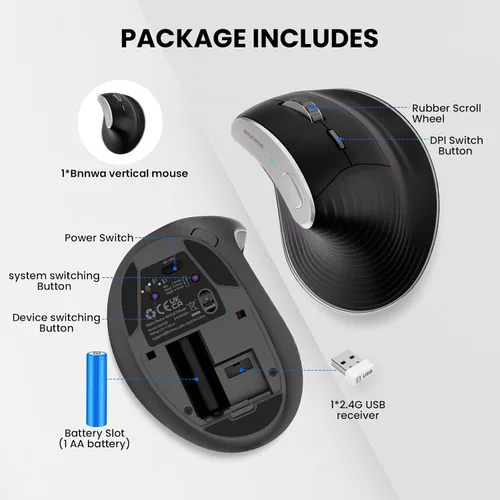 Vista 6 de Ratón óptico ergonómico vertical inalámbrico 2.4G Bluetooth Ratón vertical inalámbrico 4 ajustable 1000/1600/2400/3200 DPI Ratón inalámbrico Negro