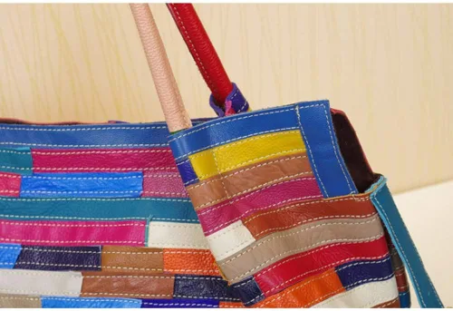 Vista 4 de Bolso Boston multicolor para mujer, de cuero genuino, colorido, grande, bolso de mano