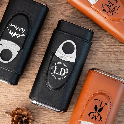Vista 2 de Estuche de cuero personalizado para puros para hombres, juego de humidificador de caja de puros de viaje y accesorios, soporte de puros portátil