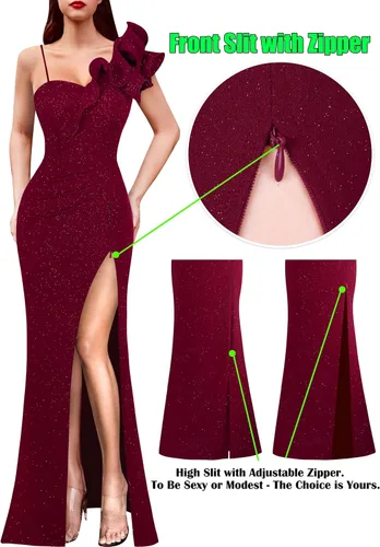 Vista 6 de VFSHOW Vestido largo con volantes y tirantes para mujer, fruncido, formal, para graduación, boda, cuello en V, elegante, dividido, cóctel, noche