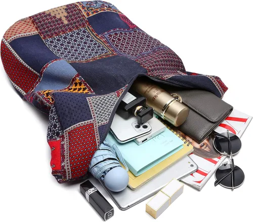 Vista 9 de Bolsa de hombro para mujer, de lona en estilo hippiebohemio para llevar cruzada al hombro, disponible en diferentes colores y estampados