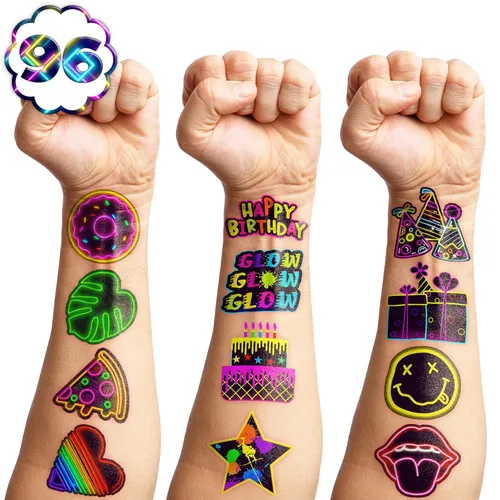 Vista 9 de 96 tatuajes temporales luminosos de neón que brillan en la oscuridad, 8 hojas de calcomanías lindas para niños, recuerdos de fiesta de cumpleaños