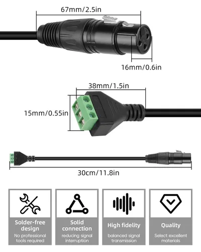 Vista 8 de GELRHONR Paquete de 2 cables convertidores XLR hembra a 3 pines sin soldadura de 11.8 in, para micrófono de estudio, altavoces, grabación en vivo