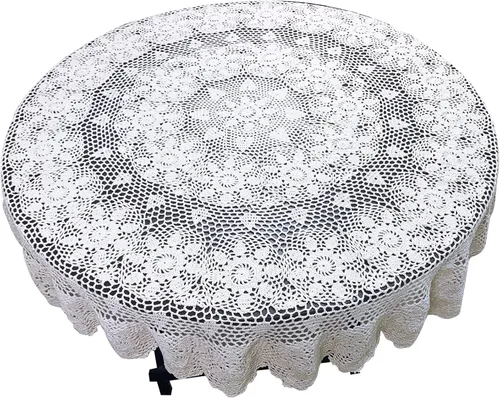 Vista 9 de USTIDE Mantel redondo de ganchillo de 70 pulgadas, superposiciones de mesa de encaje de algodón beige hecho a mano con diseño floral de ganchillo