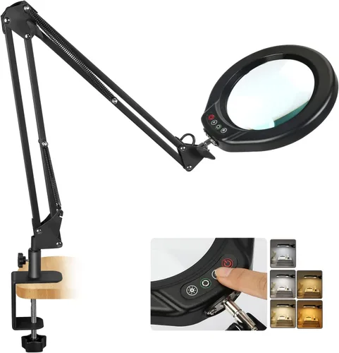 Vista 9 de VEEMAGNI Lupa grande de cristal real de 12 x 5 pulgadas con luz y soporte, 5 modos de color regulable, brazo giratorio largo LED abrazadera lámpara