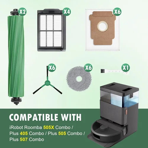 Vista 2 de 25 piezas de kit de accesorios para aspiradora robot iRobot Roomba Plus 405 Combo/505 Combo, piezas de repuesto incluyen 2 cepillos principales, 6