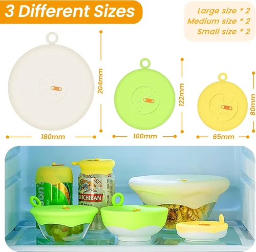 Vista 3 de Juego de 6 tapas elásticas de silicona para almacenamiento de alimentos, fundas de silicona para tazones, 3 tamaños diferentes, reutilizables