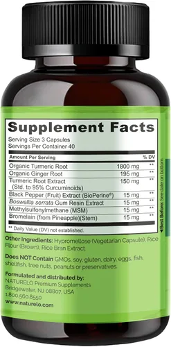 Vista 3 de NATURELO Curcumina tumérica, soporte articular a base de plantas, glicinato de magnesio, 200 mg de magnesio, sin gluten, sin OMG, 120 cápsulas