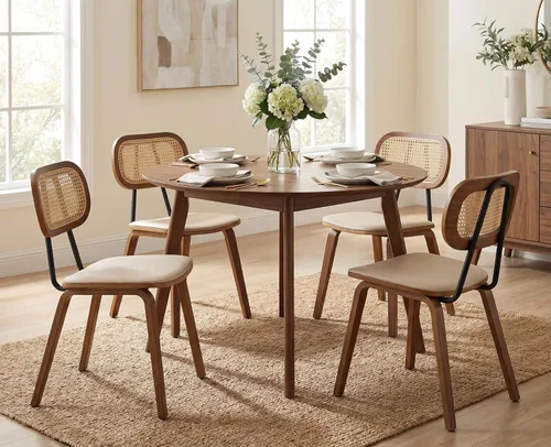 Vista 19 de Juego de 2 sillas de comedor de ratán, asiento de piel sintética Beige/Negro