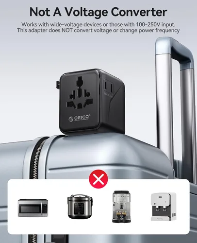 Vista 9 de ORICO Adaptador de viaje universal con 2 CA 2 USB-C y 1 conector USB-A, adaptador de corriente internacional PD 20W, cargador de pared esencial