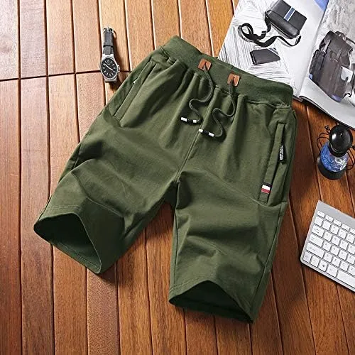 Vista 2 de Pantalones cortos casuales de verano de algodón de ajuste clásico con cintura elástica y bolsillos con cremallera