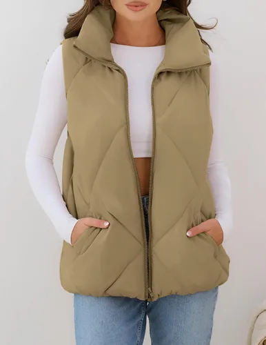 Vista 2 de MEROKEETY Chaleco acolchado sin mangas con cremallera para mujer, con cuello alto, con bolsillos