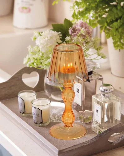 Vista 4 de Gurfuy Candelabro de cristal con forma de lámpara de escritorio – Candelabro de cristal de huracán decorativo para mesa, boda, comedor, centros