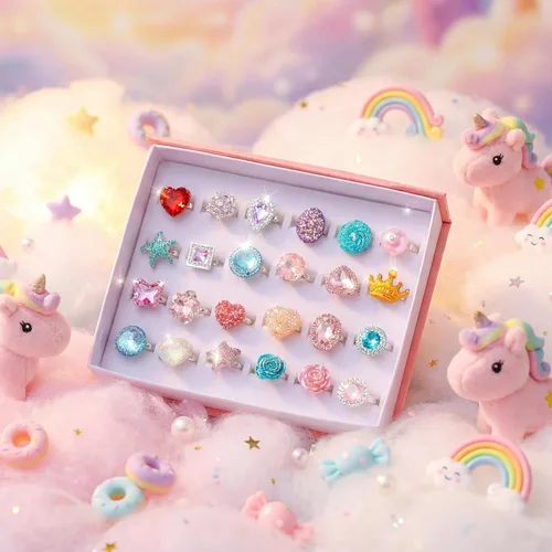 Vista 2 de PASEMM 24 anillos de joyería para niña, ajustables, sin duplicación, anillos de juego para niños en caja, anillos de juego de simulación y disfraces