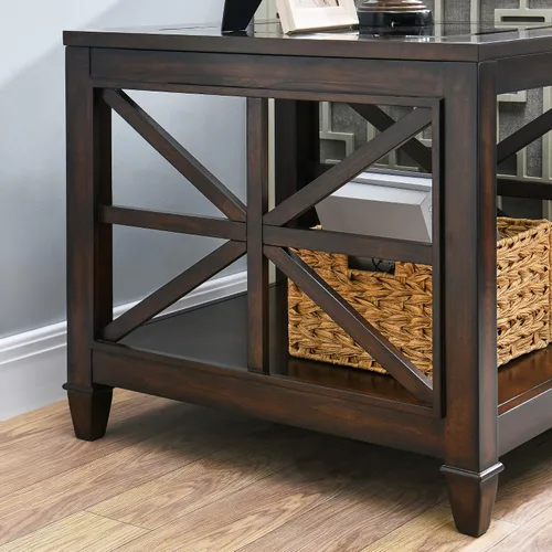 Vista 5 de LEEMTORIG Mesa auxiliar de vidrio de madera maciza para sala de estar, moderna mesa auxiliar grande de granja con almacenamiento, mesa auxiliar