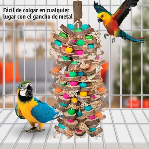 Vista 7 de Juguetes de pájaros grandes para guacamayos, bloques de madera multicolor juguete para masticar pájaros, jaula de loro, juguete de mordida