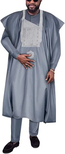 Vista 6 de HD Ropa Africana para Hombre Agbada con Bordado, Conjunto de Camiseta y Pantalón Dashiki 3 Piezas Blanco-g