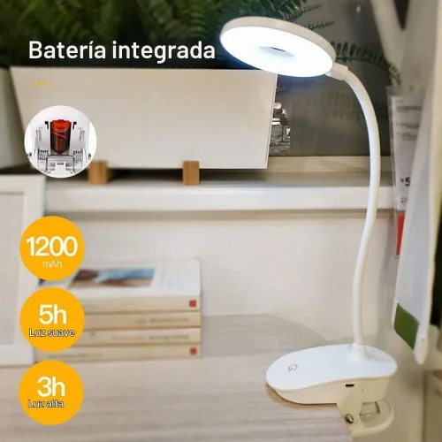 Vista 2 de Lámpara de lectura con clip, funciona con pilas con 3 niveles de brillo, recargable por USB