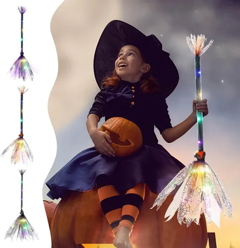 Vista 2 de Escoba de bruja de Halloween, escoba decorada con luz LED de 25 pulgadas, barredora de bruja, escoba malvada para niños (morado)