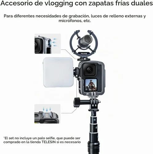 Vista 5 de TELESIN Carcasa metálica de aluminio para GoPro 13, 12, 11, 10, 9, kit de montaje vertical, protector de marco protector de carcasa de esqueleto, se