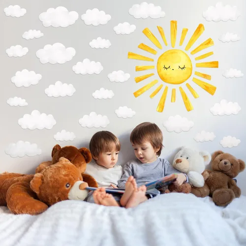 Vista 5 de Calcomanías de pared de sol y nubes, acuarela bohemia, calcomanías de sol para despegar y pegar, calcomanías de pared de sol de PVC, decoración