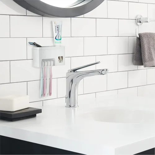 Vista 4 de LUEXBOX Soportes autoadhesivos para cepillos de dientes montados en la pared, soporte multifunción para pasta de dientes con cubiertas, dispensador
