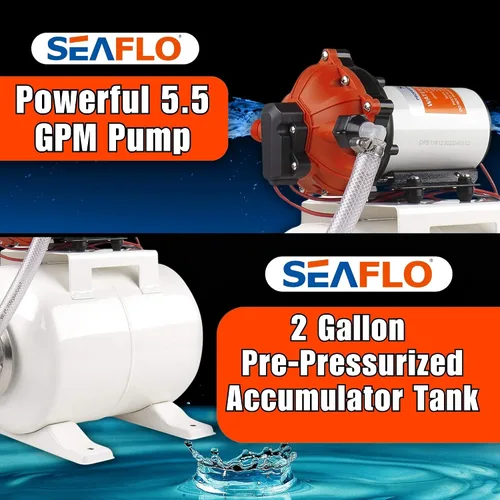 Vista 3 de SEAFLO Bomba de agua marina 12 V CC 60 PSI 5,5 GPM Sistema de tanque acumulador de 2 galones Sistema de aumento de presión del acumulador para un