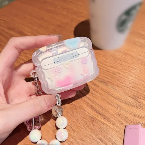 Vista 6 de MINSCOSE Funda transparente compatible con Airpods Pro 2, bonito diseño de estrellas 3D con llavero de corazón de amor, funda protectora de TPU
