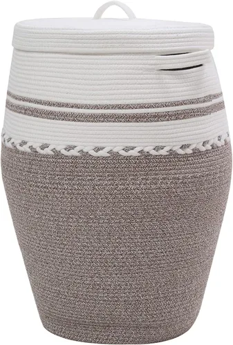 Vista 19 de Cesta alta de cuerda de algodón hecha a mano de 26"x20" con tapa, elegante forma de frasco con cubierta, cesto para ropa con tapa, para dormitorio