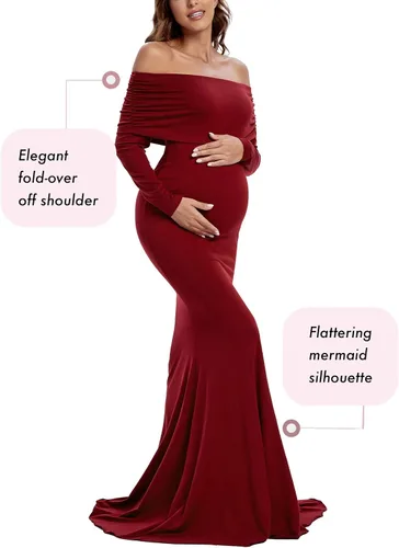 Vista 5 de Glampunch Vestido de maternidad con hombros descubiertos, manga larga, fruncido, vestido de maternidad para baby shower, fotografía, vestido