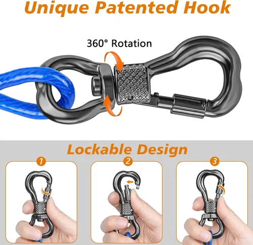 Vista 4 de XiaZ Cable de amarre para perros de 10 pies, para patio, cable de acero para mascotas con clips duraderos con bloqueo, cadenas para perros