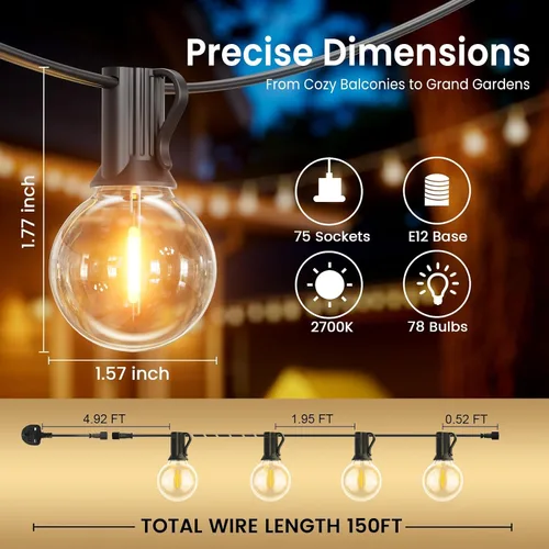 Vista 6 de Cadena de luces para exteriores de 150 pies, luces de tira G40 con 75+3 bombillas para exteriores - 2700K Blanco cálido, vida útil de 25000 horas