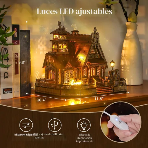 Vista 5 de FUNPOLA Rompecabezas de madera 3D modelo de casa de campo – Kit de construcción en miniatura con luces LED de chispa – Arquitectura rural