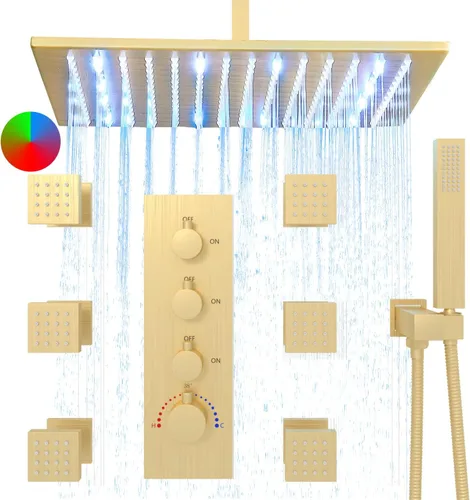 Vista 11 de HOMEDEC Sistema de ducha de lluvia LED de 16 pulgadas, válvula desviadora termostática de 3 vías con 6 pulverizadores corporales, todas las Negro