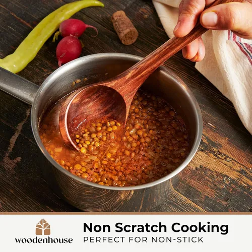 Vista 3 de Cucharón de madera para cocinar, cuchara de sopa - Cuchara de madera de teca, mango de 12.4 pulgadas, tamaño mediano de 2 onzas, ecológico, natural