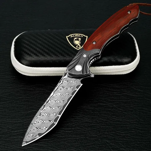 Vista 11 de Cuchillo de bolsillo de Damasco AUBEY con clip, cuchillos plegables con hoja de acero Damasco VG10, mango de madera, cuchillos EDC plegables