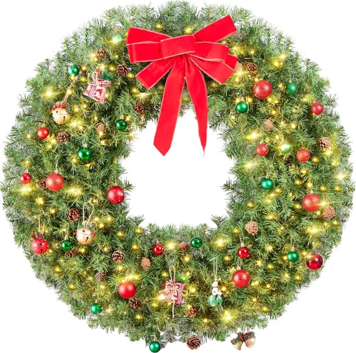 Vista 2 de Yaheetech 2 coronas artificiales grandes de Navidad de 48 pulgadas, decoración navideña preiluminada con lazo rojo, 200 luces LED y 720 puntas