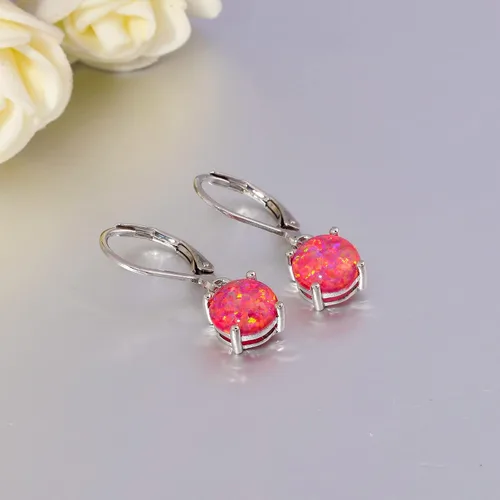 Vista 5 de CiNily - Aretes colgantes de ópalo, corte redondo, ópalo de fuego color azul, blanco, rosa, verde, negro, bañado en rodio, joyería con cierre catalán
