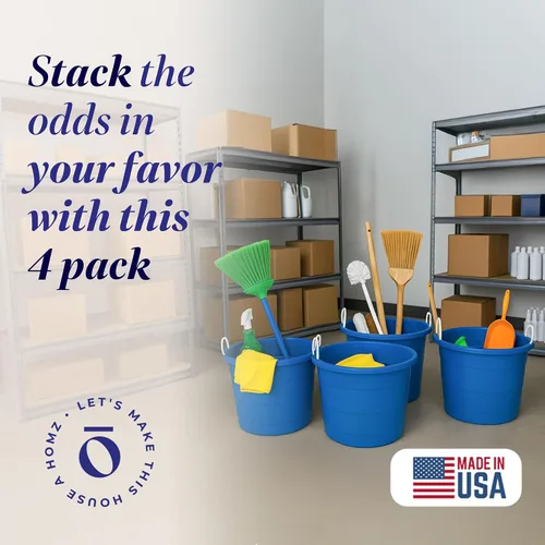 Vista 2 de HOMZ Paquete de 4 cubos utilitarios, cubo grande de almacenamiento de plástico con asas de cuerda, 18 galones, color azul, cubos portátiles