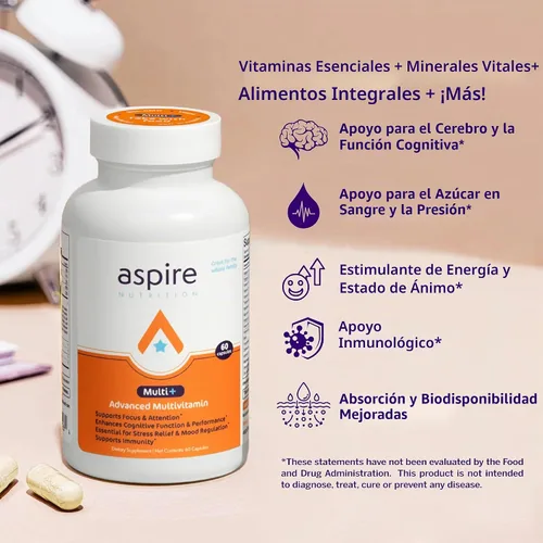 Vista 3 de Multivitamínico avanzado Aspire Multi+ para hombres, mujeres y niños - El mejor suplemento para concentración, atención, memoria, estado de ánimo.