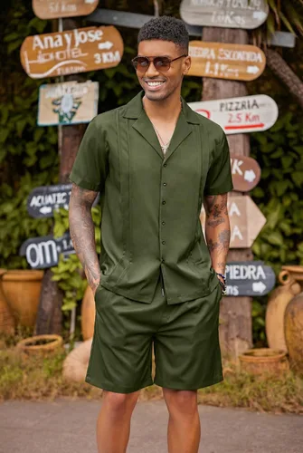 Vista 4 de COOFANDY Conjunto corto de 2 piezas para hombre, camisa con botones Guayabera, casual, trajes de playa de verano Verde militar
