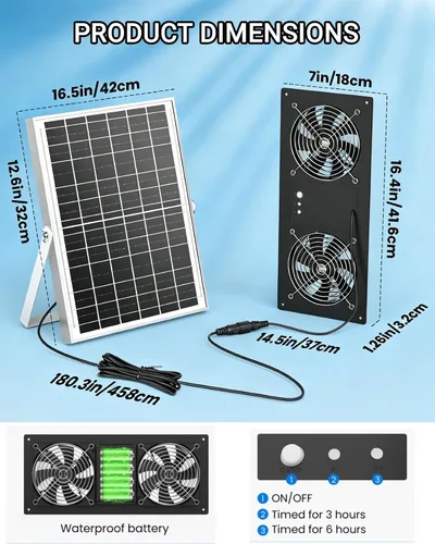 Vista 2 de Ventilador solar de 16 pulgadas con batería y temporizador, gallineros