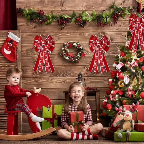 Vista 6 de Riceshoot 6 lazos grandes de Navidad para exteriores, 26 x 12 pulgadas, adorno para árbol de Navidad, lazo de terciopelo rojo con purpurina
