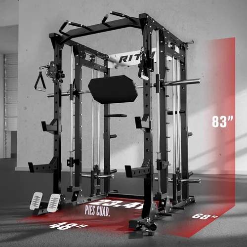 Vista 6 de RitFit Máquina Buffalo Smith, jaula eléctrica con sistema LAT-Pull Down y sistema de cruce de cables, estante de sentadillas todo en uno