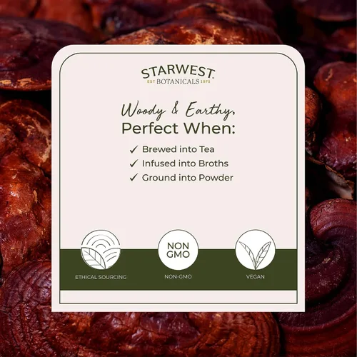 Vista 3 de Starwest Botanicals Setas Reishi rojas enteras orgánicas - Setas Reishi secas para té de hierbas y cocina, Ganoderma Lucidum, certificado Kosher