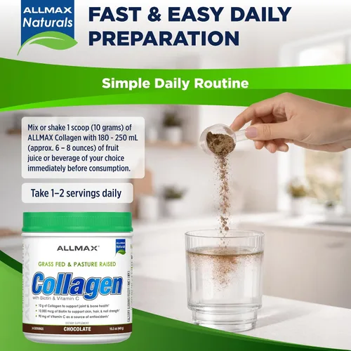 Vista 5 de ALLMAX Colágeno en polvo de chocolate, péptidos de colágeno hidrolizados, colágeno bovino alimentado con hierba, vitamina C y biotina