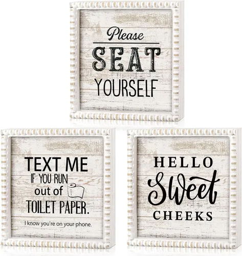 Vista 7 de Yousoontic 3 piezas divertidas de decoración de madera para baño, texto "Please Text Me If You Run out of the Toilet Paper Sign Seat Yourself Sign