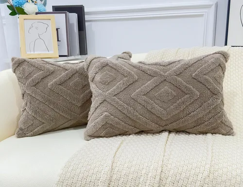 Vista 14 de Juego de 2 fundas de almohada de piel sintética beige de 16x16, funda de almohada decorativa de cuadros suave estilo boho para sofá, cama, sala
